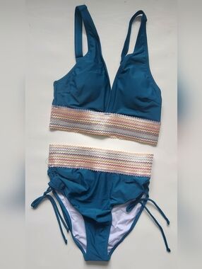 NWT Blooming Jelly Teal Two-Piece High-Waist Bikini with "Flame Stitch" Trim